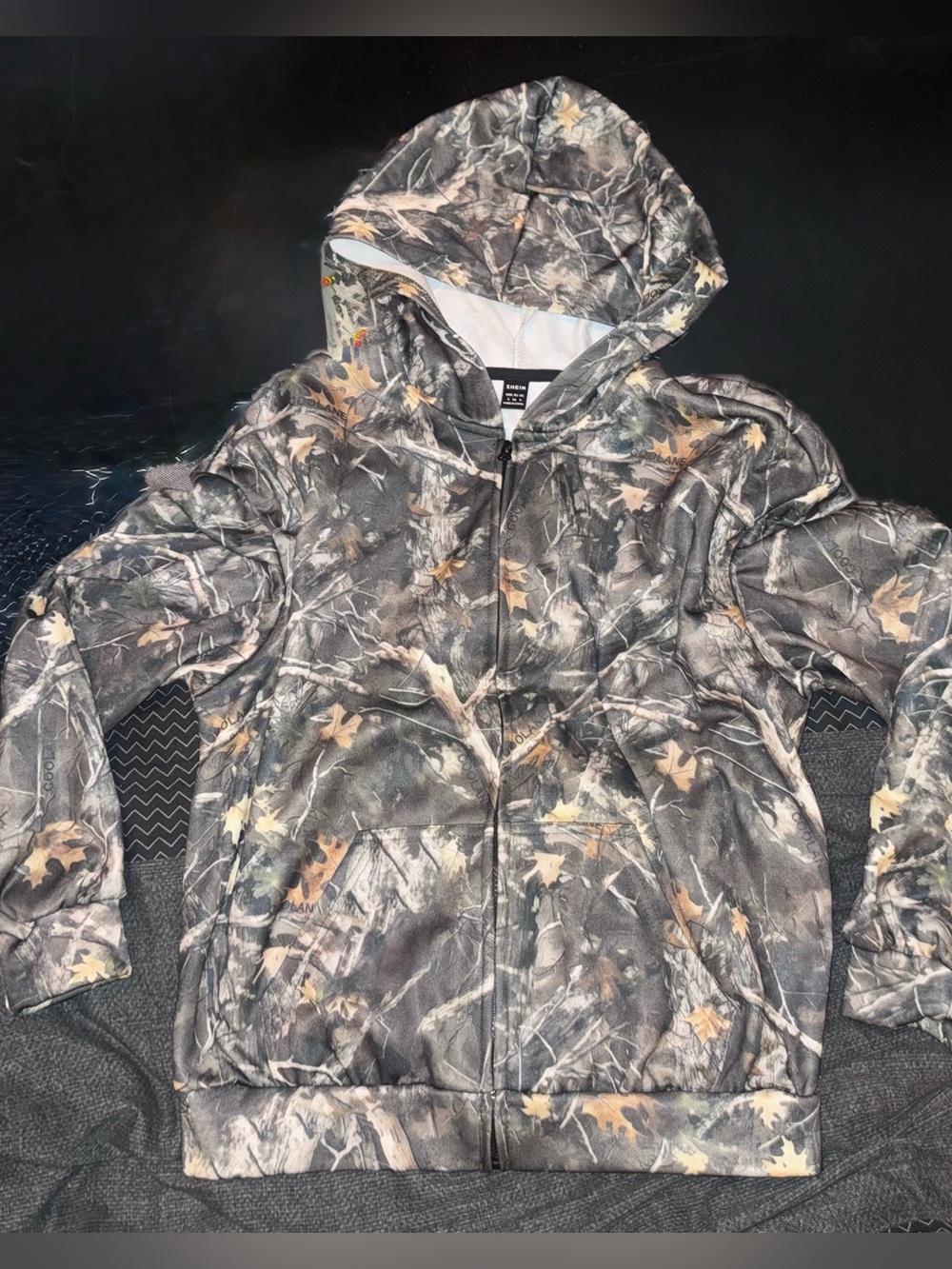 SHEIN Gray & Brown Camo Hooded Zip-Up Sweatshirt